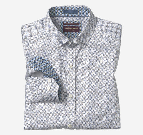 Printed Cotton Shirt - Blue/Tan Circle Grid