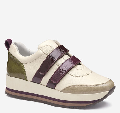 Gracie Double-Strap Sneaker - Bone Calfskin/Taupe and Olive Italian Crinkled Patent Leather