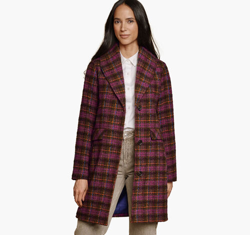 Shawl Collar Plaid Coat - Pink/Brown
