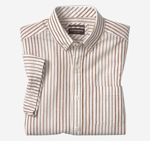 Cotton-Linen Short-Sleeve Print Shirt - Rust Striped