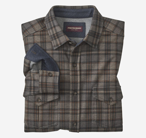 Button-Front Knit Shirt - Brown Plaid