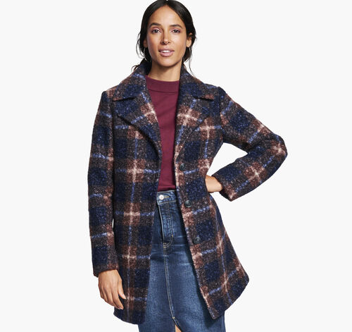 Plaid Teddy Coat - Burgundy/Navy