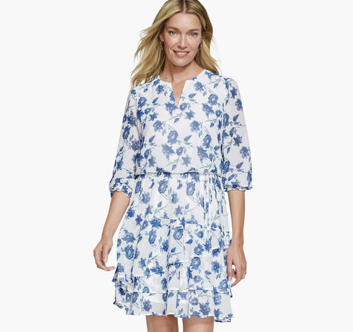 Printed Tiered Dress - Blue Floral