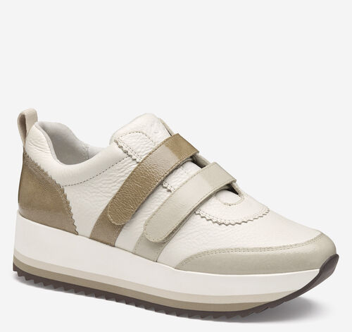Gracie Double-Strap Sneaker - White Calfskin/Ivory and Taupe Italian Crinkled Patent Leather