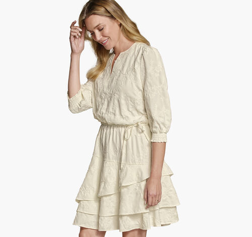 Embroidered Floral Tiered Dress - White