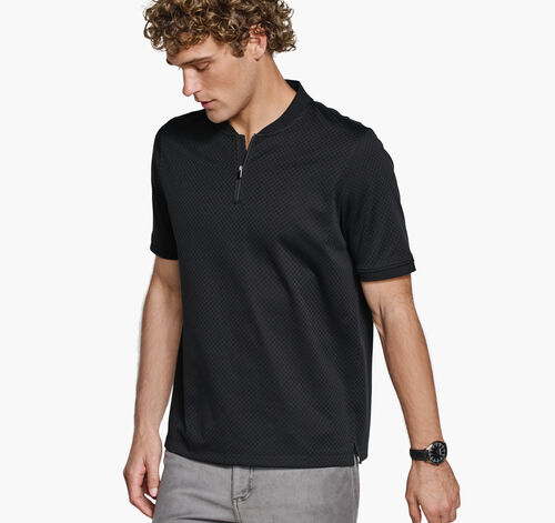 Gavin Zip Jacquard Polo - Black Checkerboard