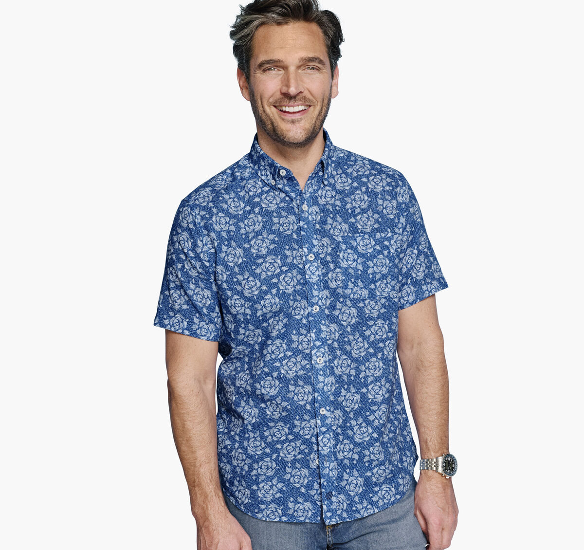 Cotton-Linen Short-Sleeve Print Shirt image number null