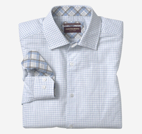 Linen-Blend Dress Shirt - White/Blue Windowpane