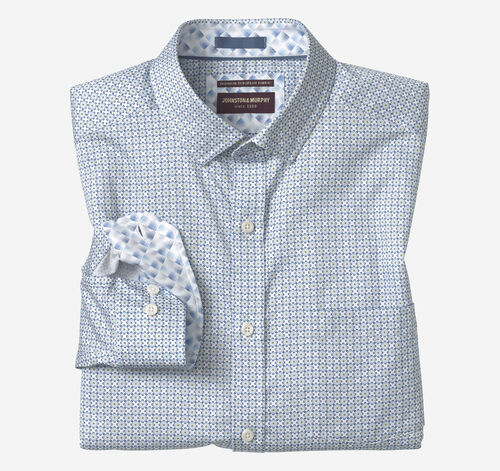 Printed Cotton Shirt - Blue/Tan Grid Burst