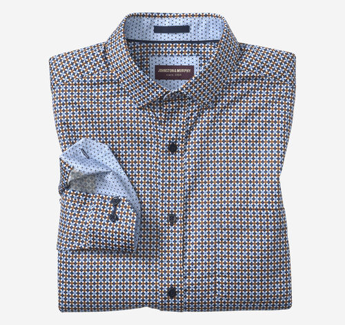 Printed Cotton Shirt - Blue/Rust Geo Clover