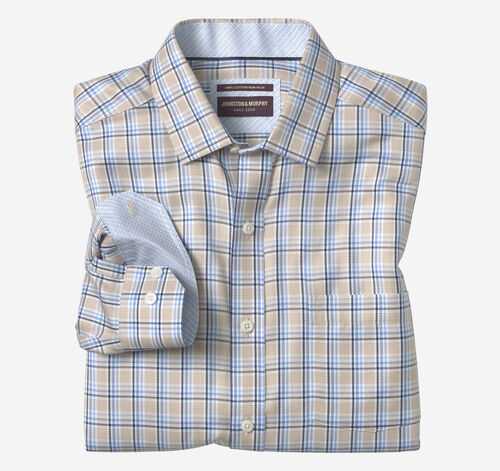Non-Iron Dress Shirt - Tan/Blue Twill Plaid