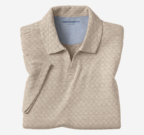 Basketweave V-Neck Polo - Tan