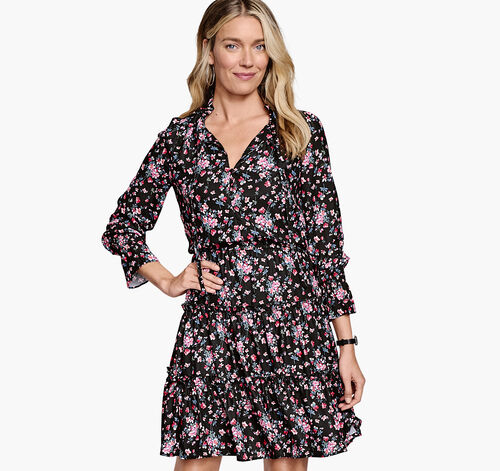 Tiered Printed Dress - Black/Pink
