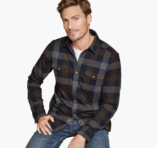 Brushed Button-Front Knit Shirt - Navy/Brown Large Plaid