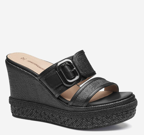 Addison Buckle-Strap Wedge - Black Raffia/Nappa Leather