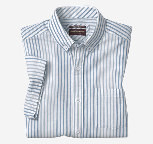 Cotton-Linen Short-Sleeve Print Shirt - Blue Striped