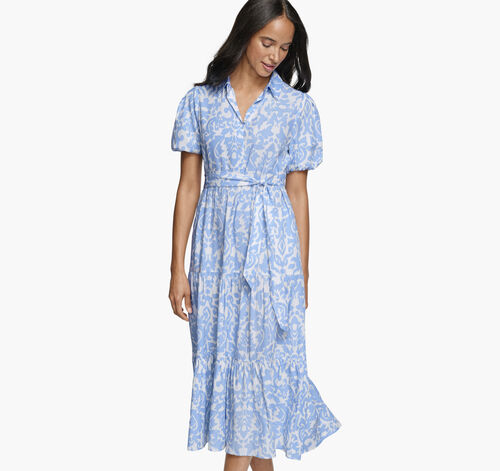 Tie-Waist Print Dress - Light Blue/White