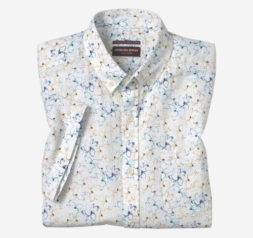 Cotton-Linen Short-Sleeve Print Shirt - White Floral
