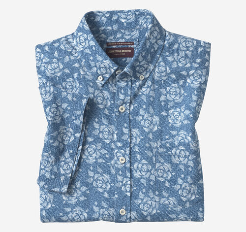 Cotton-Linen Short-Sleeve Print Shirt - Navy Rose