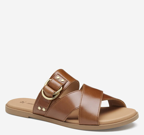 Shayla Cross-Band Slide - Cognac Calfskin