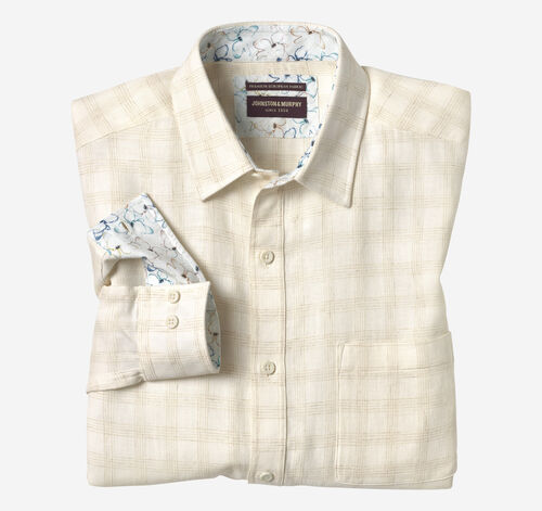 Washed Linen-Blend Shirt - White/Tan Windowpane