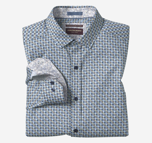 Printed Cotton Shirt - Blue/Brown Wavy Diamond