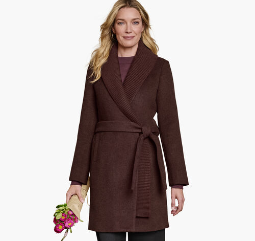 Wool-Blend Coat with Removable Knit Collar - Burgundy