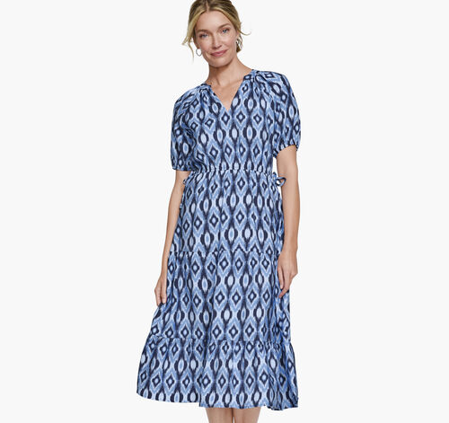 Puff Sleeve Side-Tie Dress - Navy Ikat
