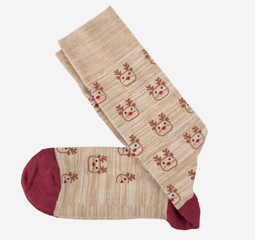 Pima Cotton Holiday-Themed Socks - Khaki Space-Dyed Reindeer