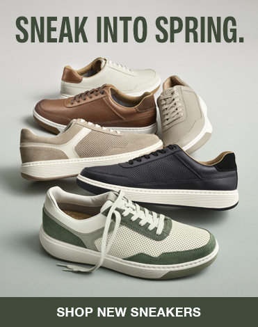 A flatlay of men's sneakers lined up in a row with the words Sneak Into Spring towards the top of the image.