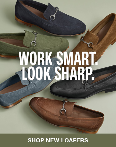A flatlay of men's dress loafers lined up on the left and right sides of the image with the words Work Smart. Look Sharp. overlaying them.
