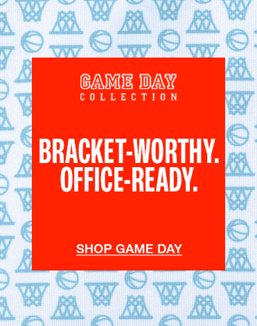 A small banner with the words Bracket-Worthy. Office-Ready showing on a red background with the outside background changing colors and sports icons.