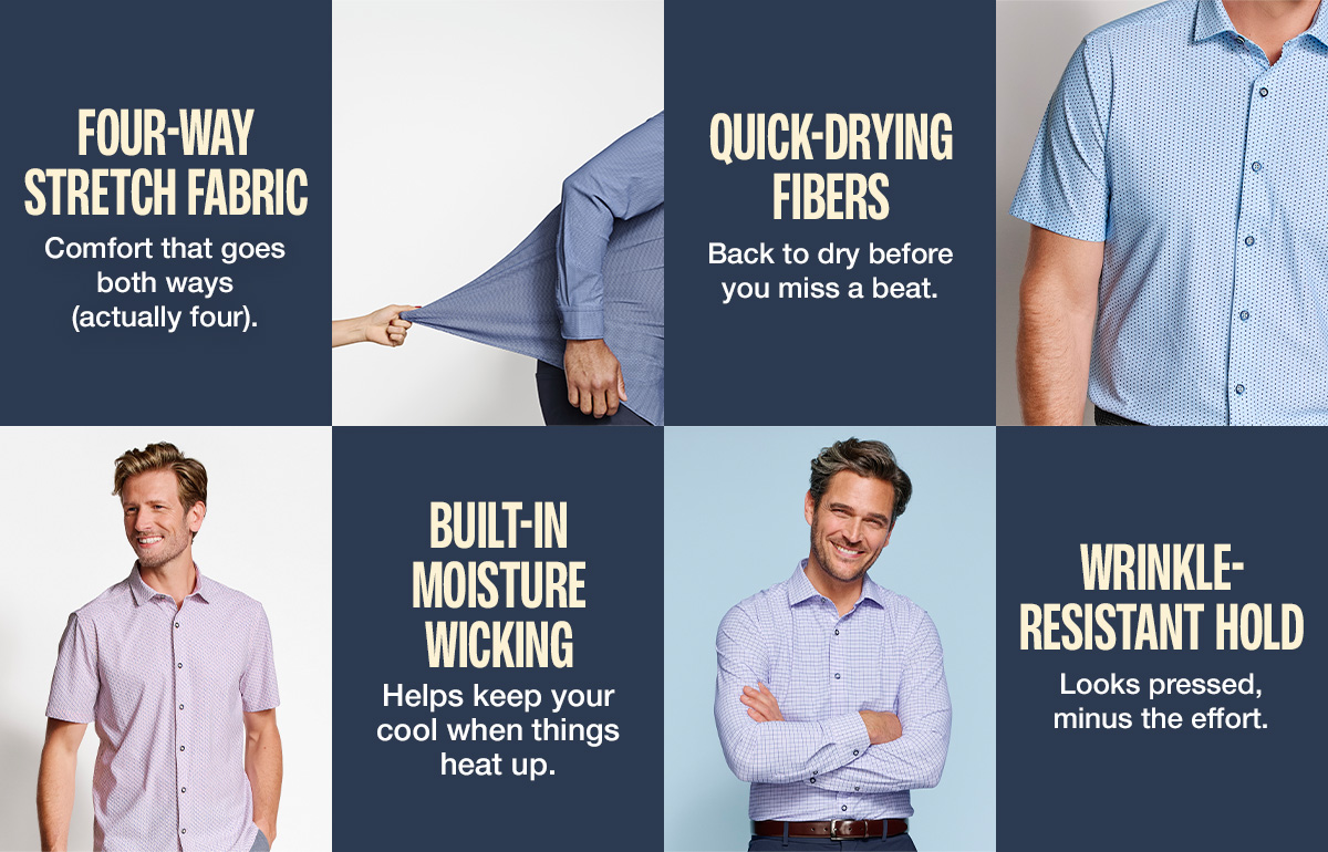 Graphic image displaying Johnston & Murphy XC+ Motion Shirts that are flexible, wrinkle-resistant, and moisture wicking.