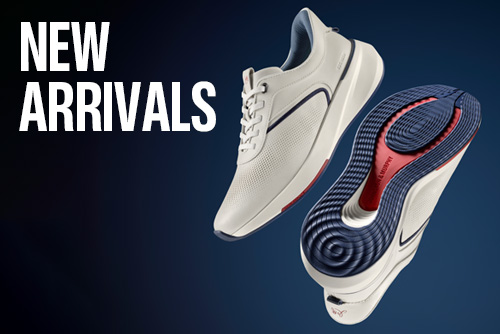 Small banner with blue background and a pair of mens Johnston & Murphy sneakers with the words New Arrivals on the left side.