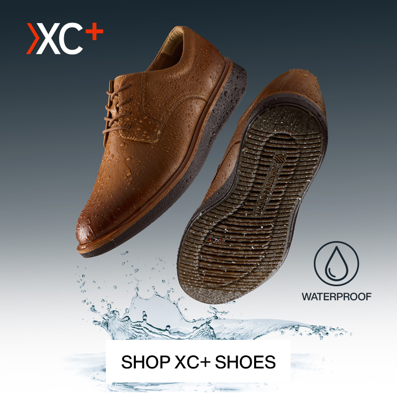 A detailed image of two men's sneakers covered in rain drops to showcase that they are waterproof with a Shop XC+ Shoes button at the bottom of the image.